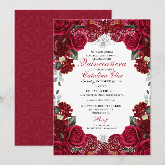 Invitation Quinceanera Florale Rouge et Argent (Devant / Derrière)