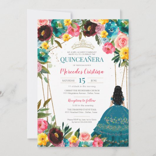 Invitation Quinceanera florale turquoise rose jaune (Devant)