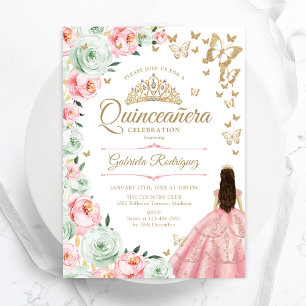 Invitation Quinceanera florale verte rose Sage