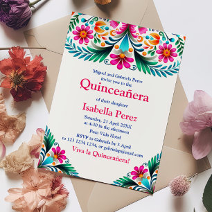 Invitation Quinceanera Florale Vibrante Blanche Fiesta Mexica