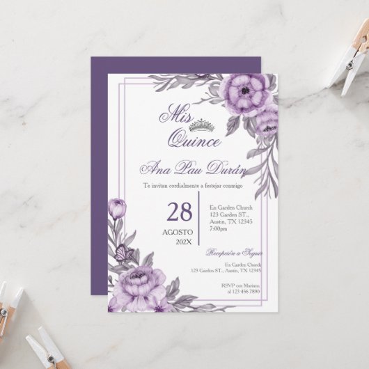 Invitation Quinceanera Florale Violet (Devant/Arrière en situation)