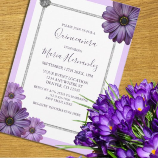 Invitation Quinceanera florale violette