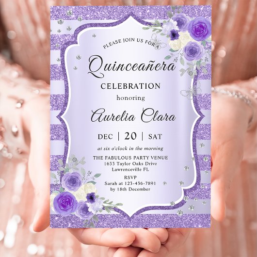 Invitation Quinceanera florale violette
