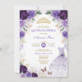 Invitation Quinceañera florale violette Mis Quince 15e annive (Devant)
