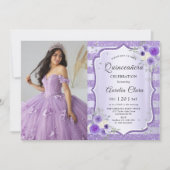 Invitation Quinceanera florale violette photo d'anniversaire (Devant)