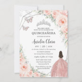 Invitation Quinceañera Flush Doux Roses Argent Couronne (Devant)