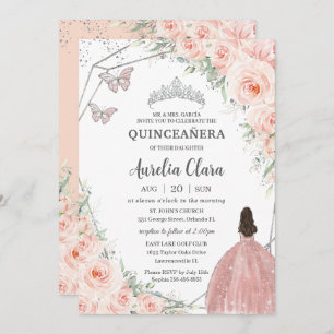 Invitation Quinceañera Flush Doux Roses Argent Couronne
