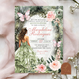 Invitation Quinceanera, forêt lunaire rose et vert sage