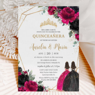 Invitation Quinceañera Fuchsia Black Floral Twins Or
