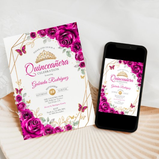 Invitation Quinceanera Fuchsia Or rose Floral