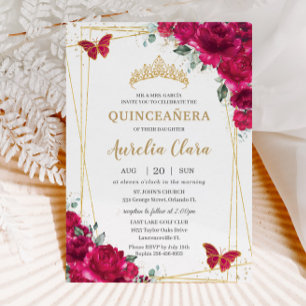 Invitation Quinceañera Fuchsia Papillons floraux roses Tiara