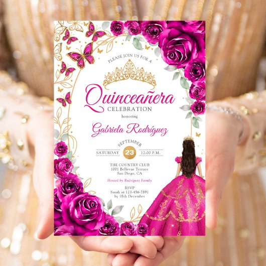 Invitation Quinceanera Fuchsia Pink Gold Floral
