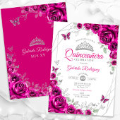 Invitation Quinceanera Fuchsia Pink Silver Floral