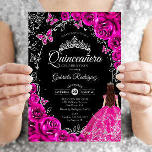 Invitation Quinceanera Fuchsia rose argent noir