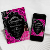 Invitation Quinceanera Fuchsia Rose Argent Noir