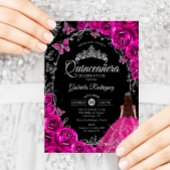 Invitation Quinceanera Fuchsia Rose Argent Noir