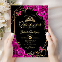 Quinceanera Fuchsia Rose Black Gold Floral