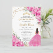 Invitation Quinceañera Fuchsia Rose Floral Princess Gold (Debout devant)
