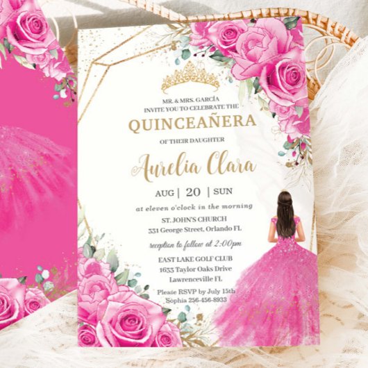 Invitation Quinceañera Fuchsia Rose Floral Princess Gold