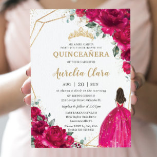 Invitation Quinceañera Fuchsia Rose Floral Princesse Gown Or
