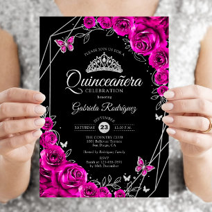 Invitation Quinceanera Fuchsia Rose Noir Argent Floral