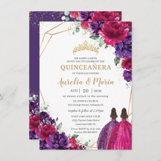 Invitation Quinceañera Fuchsia Violet foncé Floral Rose jumea (Devant / Derrière)