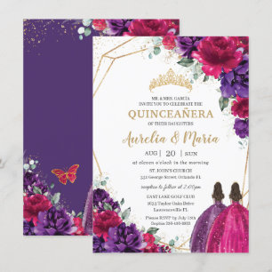 Invitation Quinceañera Fuchsia Violet foncé Floral Rose jumea