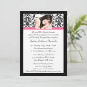 Invitation Quinceanera Fushcia Damask rose et noir (Debout devant)