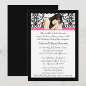 Invitation Quinceanera Fushcia Damask rose et noir (Devant / Derrière)