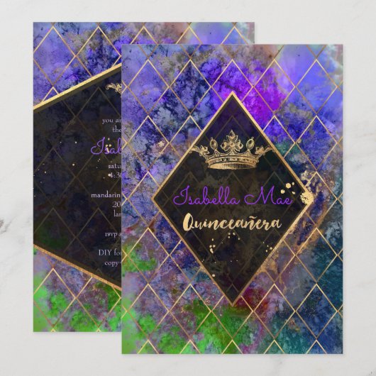 Invitation Quinceanera/Galaxy/Neon Purple/Princesse/Couronne (Devant / Derrière)