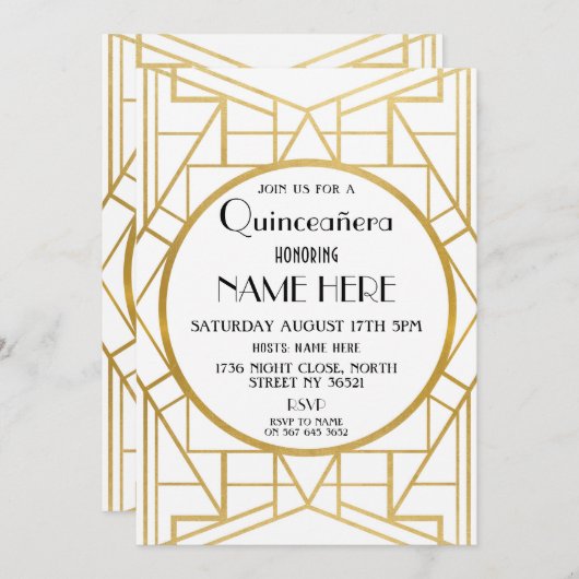 Invitation Quinceanera Gatsby, fête d'anniversaire Art déco d (Devant / Derrière)