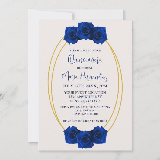 Invitation Quinceañera géométrique bleu royal et or (Devant)