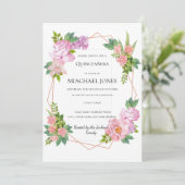 Invitation Quinceanera géométrique florale d'or (Debout devant)