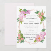 Invitation Quinceanera géométrique florale d'or (Devant / Derrière)