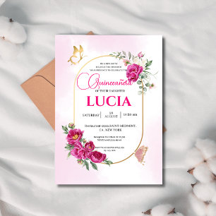 Invitation Quinceañera Géométrique rose Fuchsia Floral Or