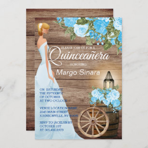 Invitation Quinceañera Girl - Baril de bois et fleurs bleues