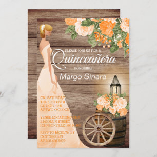 Invitation Quinceañera Girl - Baril de bois & Fleurs orange