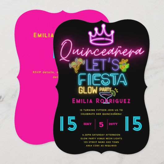 Invitation QUINCEAÑERA Glow Party Invitación Fiesta de Neón (Devant / Derrière)
