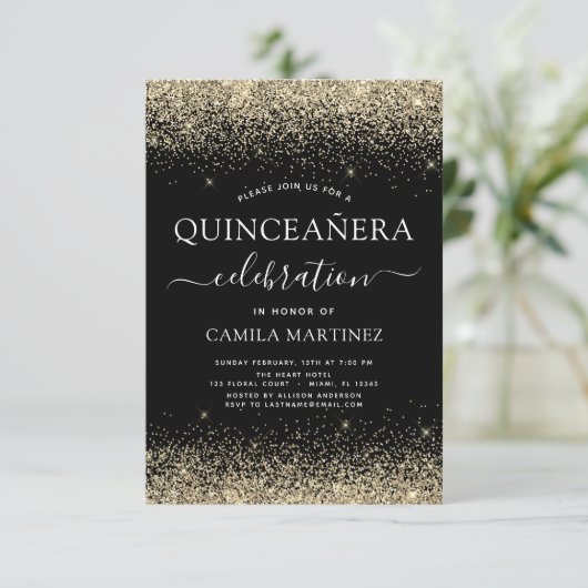Invitation Quinceanera Gold Black Parties scintillant moderne (Debout devant)