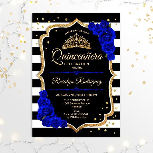 Invitation Quinceanera - Gold Black Royal Blue