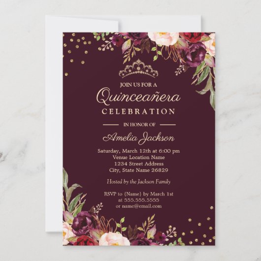 Invitation Quinceanera Gold Bourgogne floral Éperche (Devant)