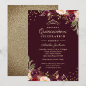 Invitation Quinceanera Gold Bourgogne floral Éperche (Devant / Derrière)