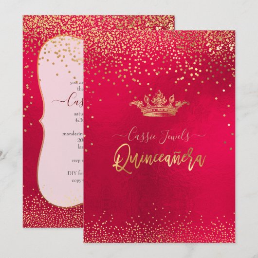 Invitation Quinceanera Gold Confetti+Princesse Crown (Devant / Derrière)
