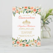Invitation Quinceanera Gold Couronne Coral Floral (Debout devant)