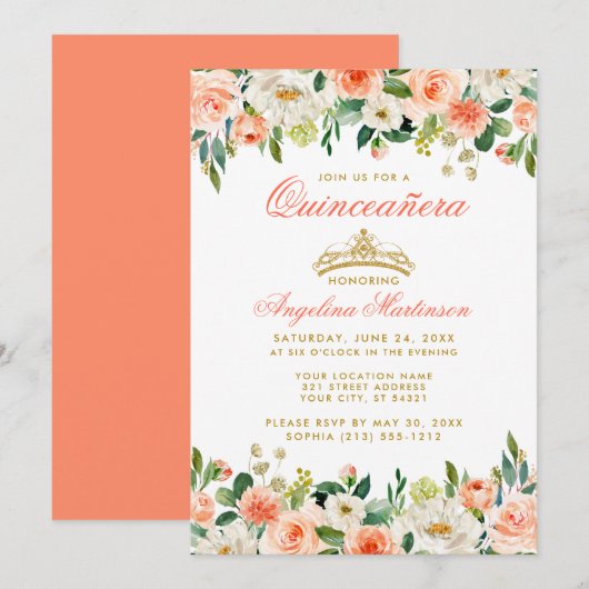 Invitation Quinceanera Gold Couronne Coral Floral (Devant / Derrière)