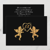 Invitation Quinceanera Gold cupides sur noir pour 15e anniver (Devant / Derrière)