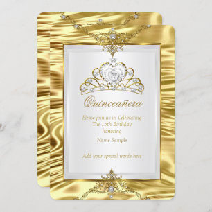 Invitation Quinceanera Gold Faux Foil White Pearl Tiara