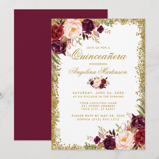 Invitation Quinceanera Gold Parties scintillant Bourgogne Flo (Devant / Derrière)