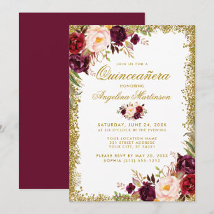 Invitation Quinceanera Gold Parties scintillant Bourgogne Flo