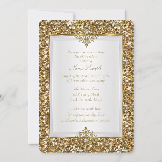 Invitation Quinceanera Gold Parties scintillant White Pearl T (Dos)
